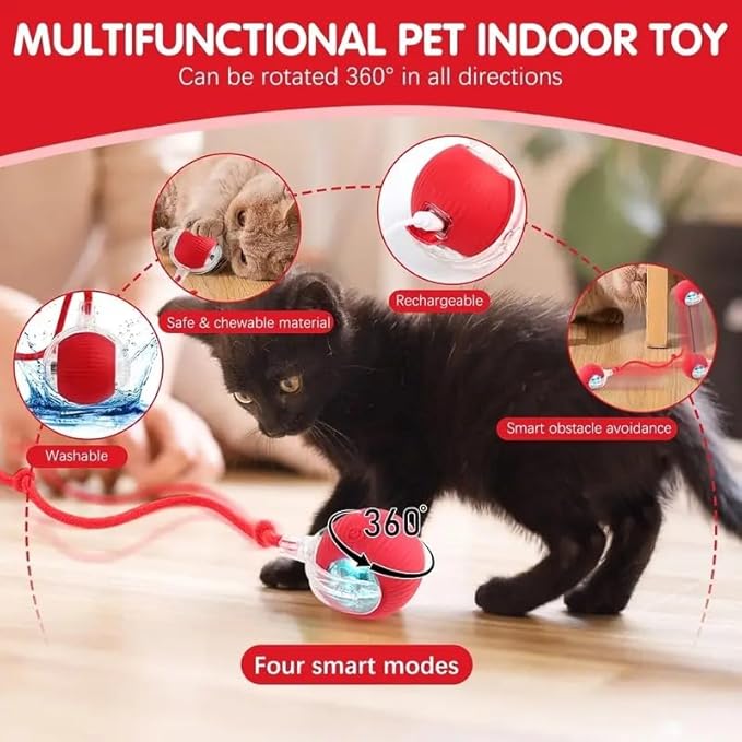 Cat Toy - Cat Toys for Indoor Cats Smart Chewy Viral Rolling Ball with Tail, Bird Sound, USB Rechargeable Automatic Rotating Ball