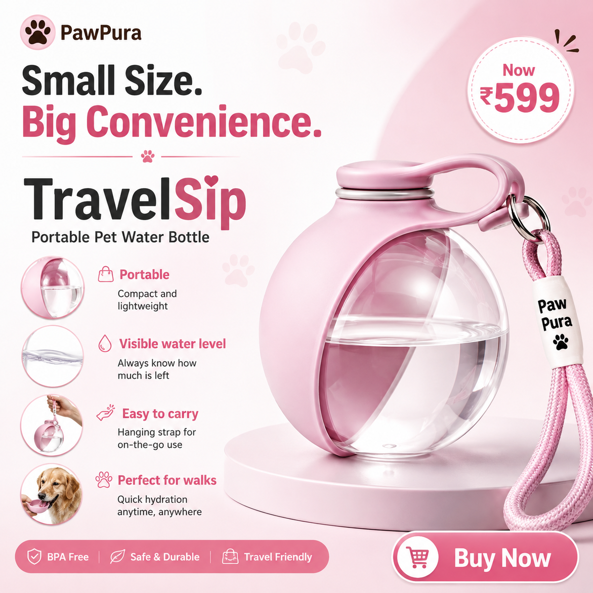 PawPura TravelSip Portable Dog Water Bottle – product photo