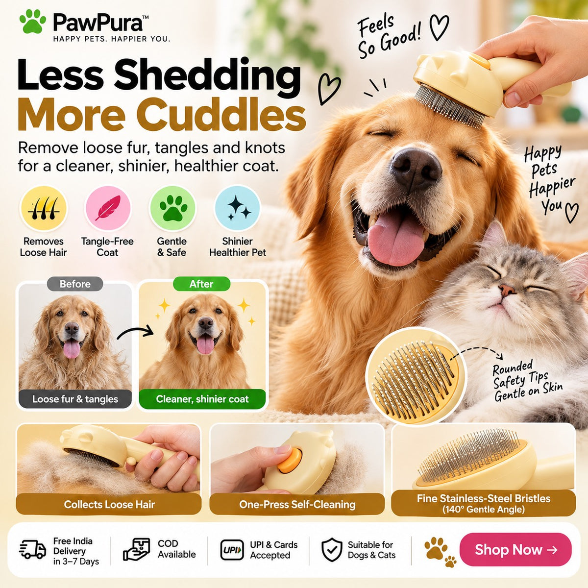 PawPura SlickEase Self-Cleaning Slicker Brush – product photo