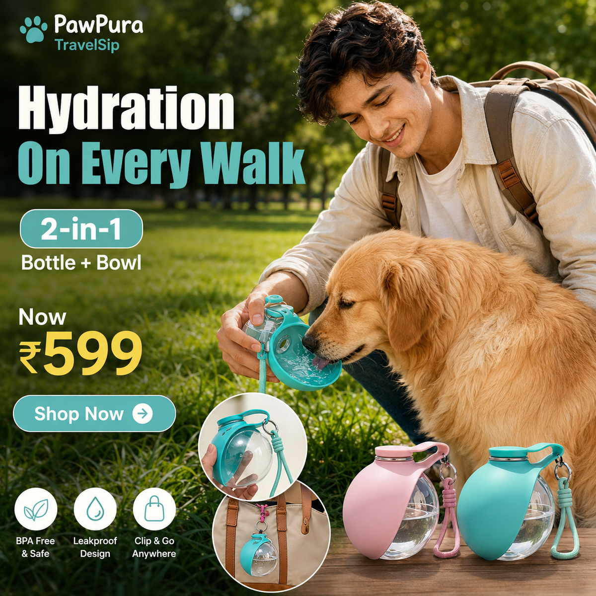 PawPura TravelSip Portable Dog Water Bottle – product photo