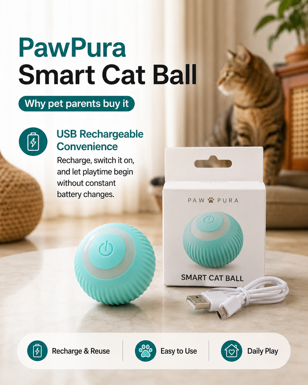 PawPura PlayRoll Smart Cat Ball – product photo