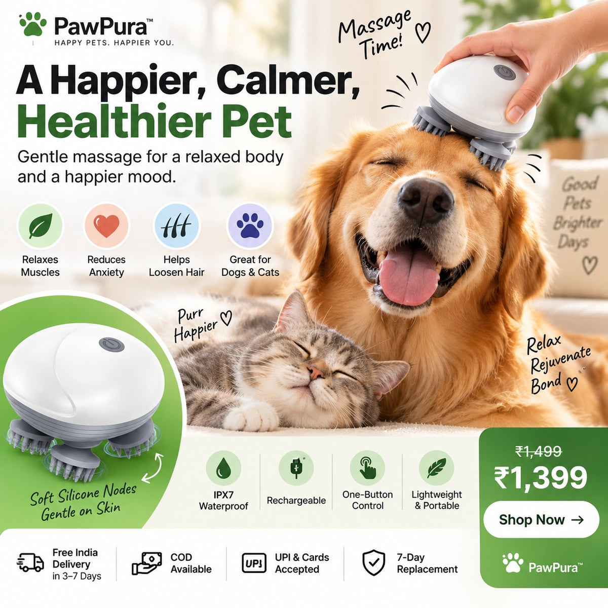 PawPura SootheTouch Electric Pet Massager for Dogs & Cats – product photo