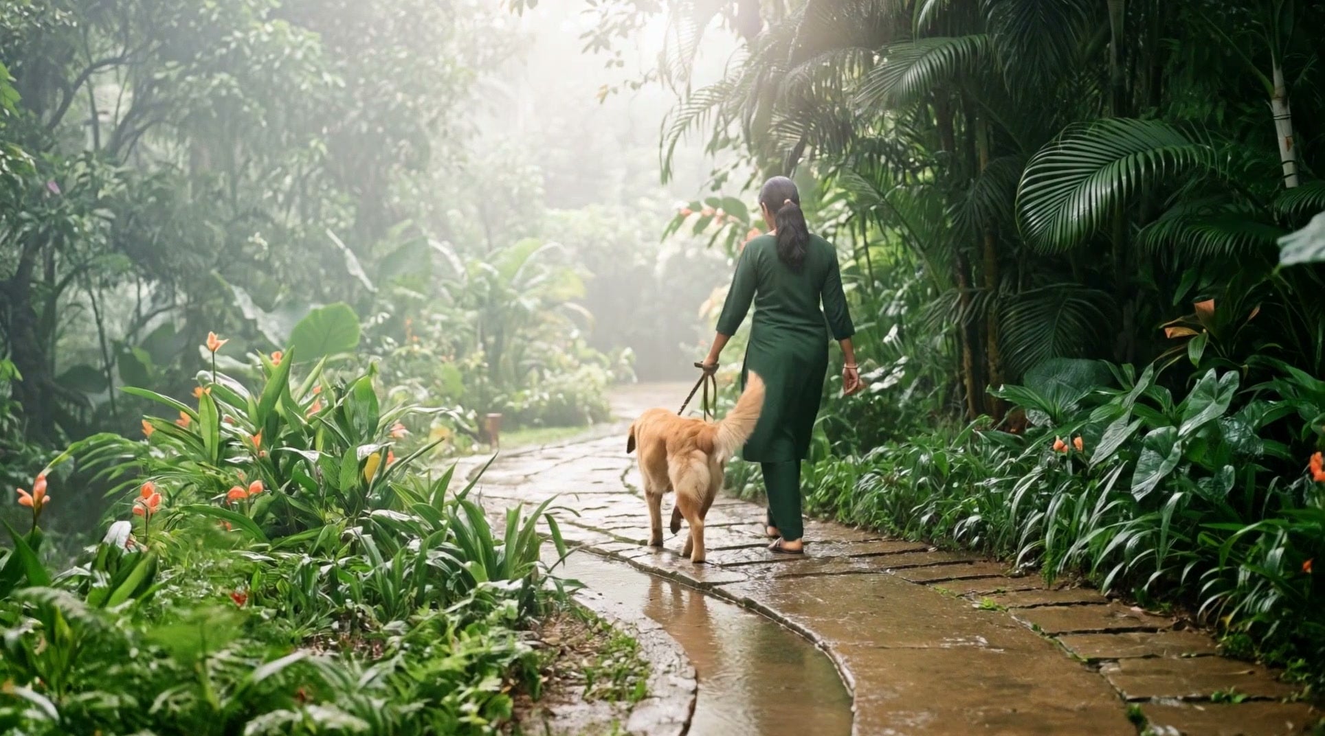 A person walking a dog along a leafy path